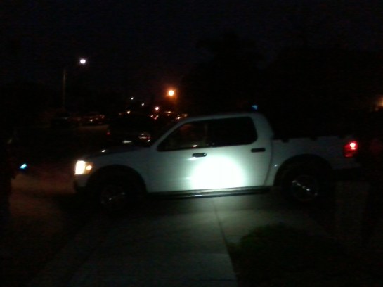 5/22/14 8:23 pm White truck blocking sidewalk, idling with no driver. Plates- CA 5XFL236. 